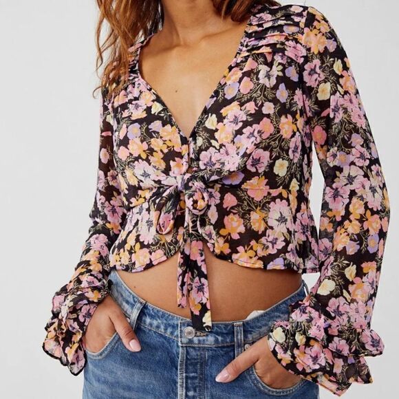 NWT Free People Maybel Top Sheer Floral Plunge V Neck Ruffled Cuff Bell Sleeves - Picture 7 of 11